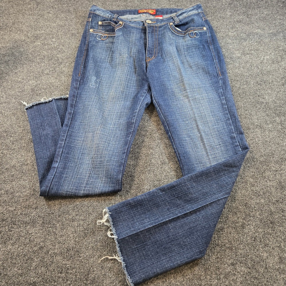 Vtg Y2K Boom Boom Jeans Crosshatch Low Rise Bootcut Raw Hem Distressed 2000s 14W